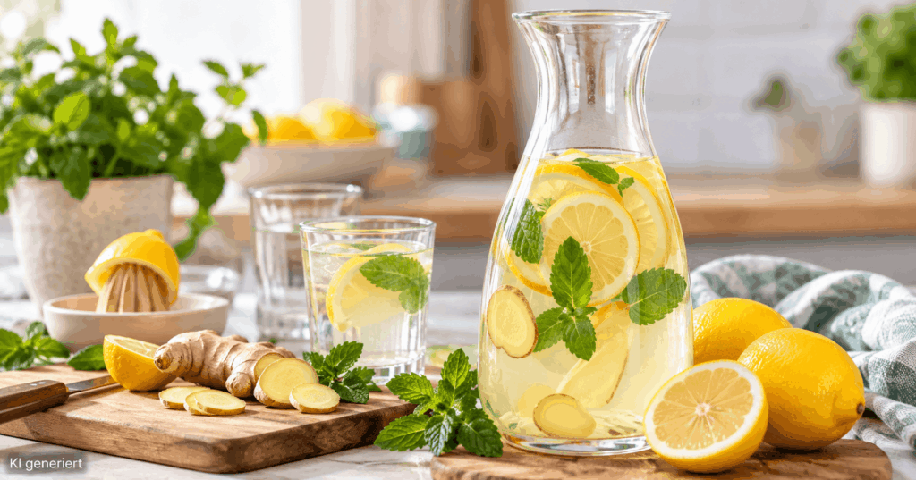 Ingwer-Zitronen-Getränk, Ingwer Zitrone Rezept, Ingwer-Zitrone-Drink, Ingwer-Zitrone warm, Ingwer-Zitrone kalt, Ingwer-Zitronen-Wasser, Ingwer-Zitrone mit Kurkuma, Ingwer-Zitrone mit Orange, Ingwer-Zitrone mit Apfel, Getränk mit Ingwer und Zitrone