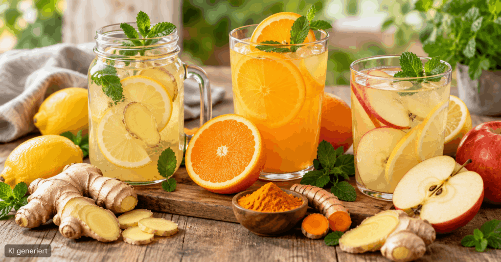 Ingwer-Zitronen-Getränk, Ingwer Zitrone Rezept, Ingwer-Zitrone-Drink, Ingwer-Zitrone warm, Ingwer-Zitrone kalt, Ingwer-Zitronen-Wasser, Ingwer-Zitrone mit Kurkuma, Ingwer-Zitrone mit Orange, Ingwer-Zitrone mit Apfel, Getränk mit Ingwer und Zitrone