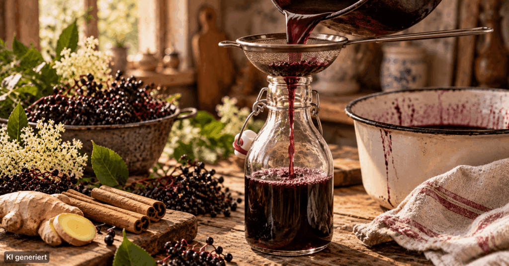 Holundersirup selber machen, Holunderbeeren Sirup Rezept, Holunder Sirup mit Ingwer, Holunderbeeren Hausmittel, Holunderbeeren Rezept, Immun Sirup selber machen, Holundersirup mit Honig, Holunder Ingwer Sirup, Hausmittel Herbst, Holunderbeeren verarbeiten